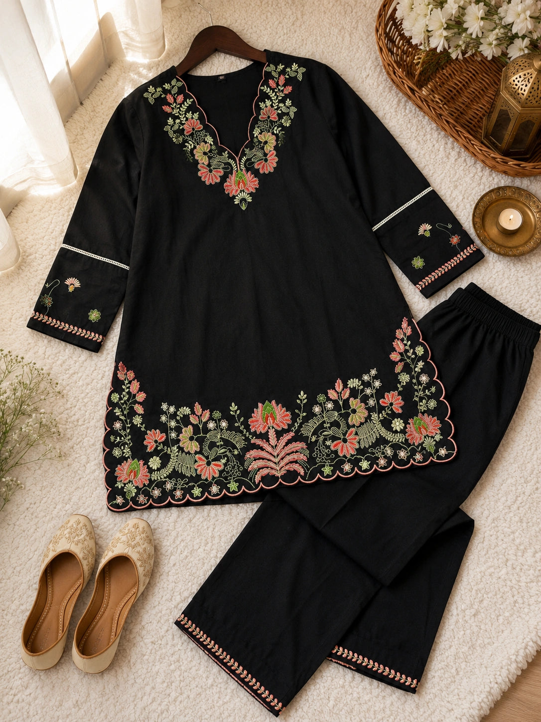 Black Floral Embroidered Cotton Co-Ord Set