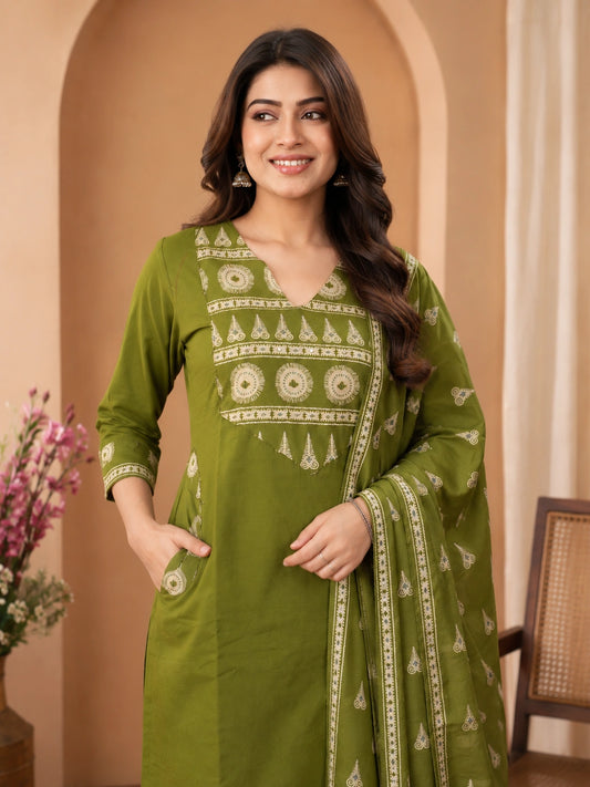 Green Cotton Kurta Set with Pant and Dupatta for Women