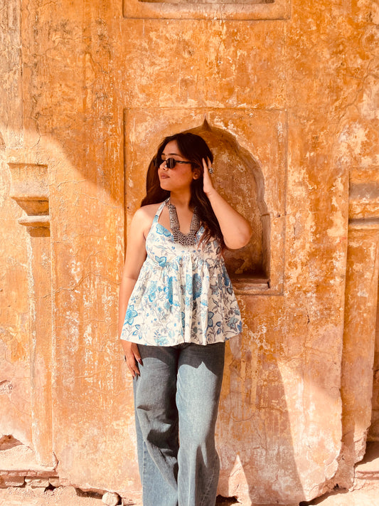 White Blue Jaal Halter Neck Top - Ramya