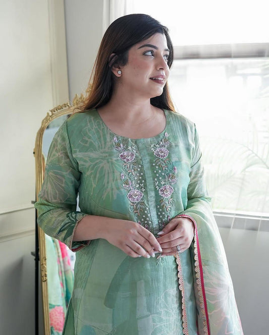 Green Tissue Kurta Set - Ramya