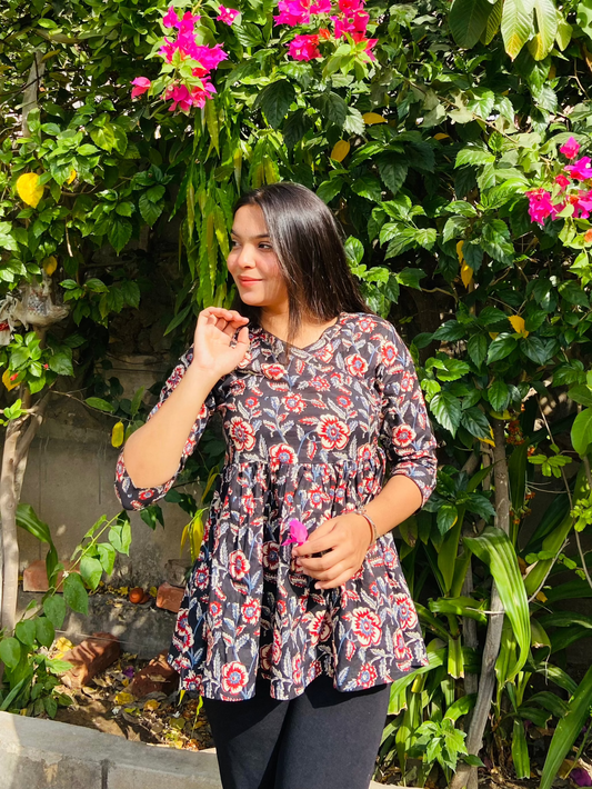Black-Red Flared Short Kurti - Ramya