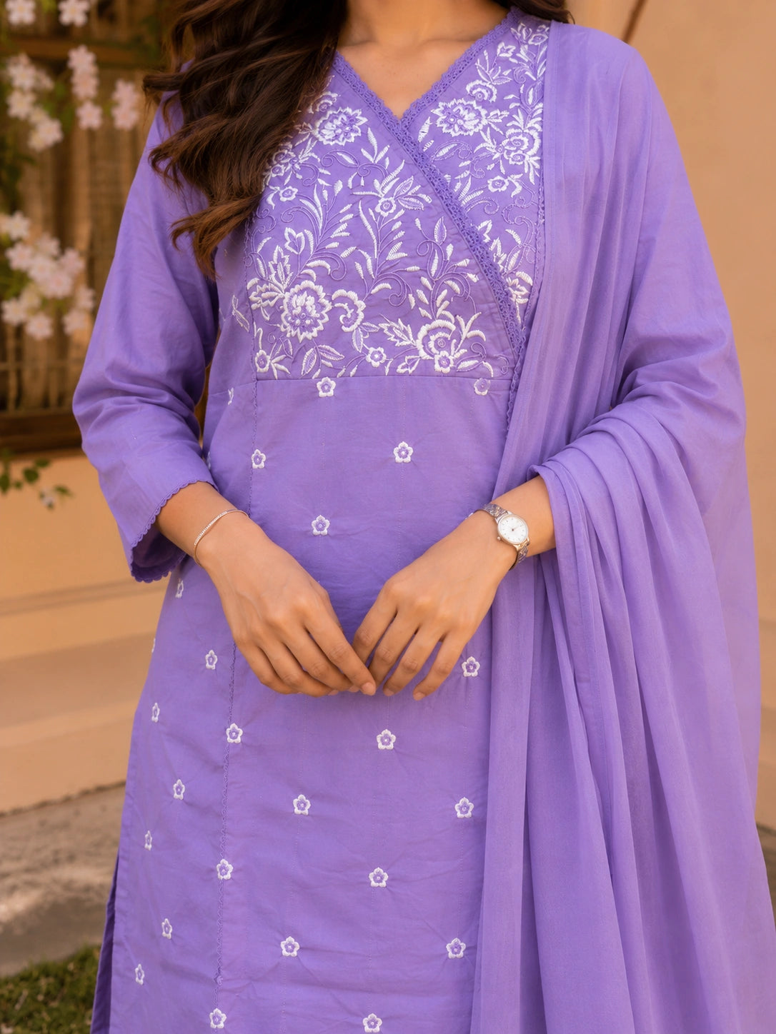 Lavender Embroidered Kurta Set with Dupatta