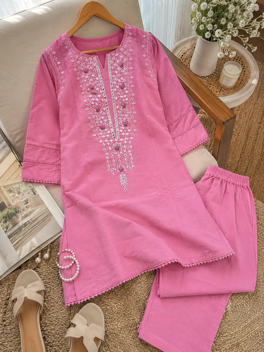 Women's Light Pink V-Neck Cotton Co-ord Set