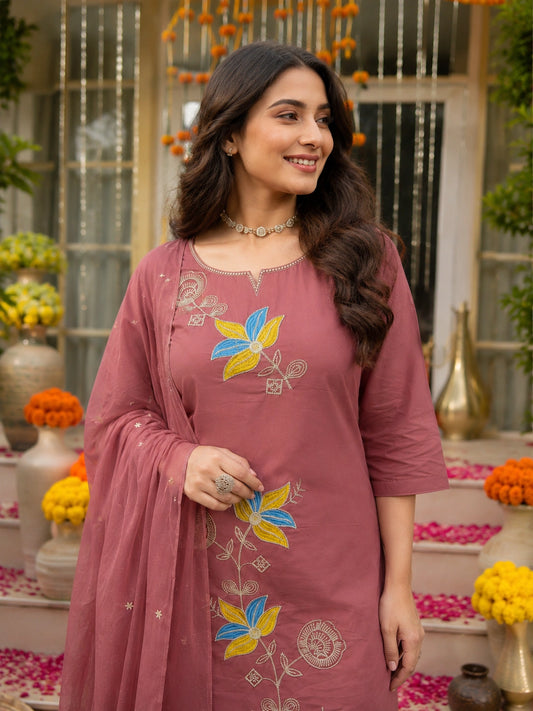 Mauve Pink Embroidered Cotton Kurta Set