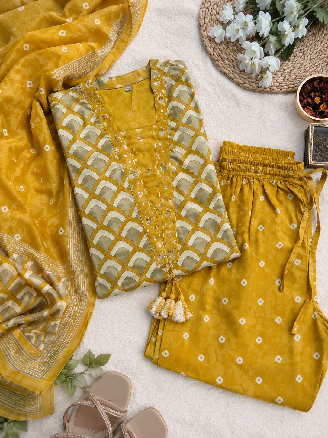 Mustard Cotton Printed Suit Set for Women with Dupatta
