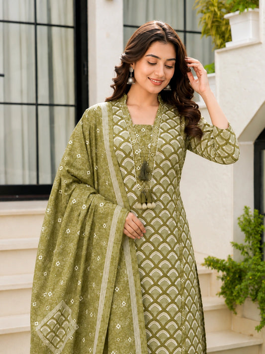 Olive Green Cotton Printed Suit Set