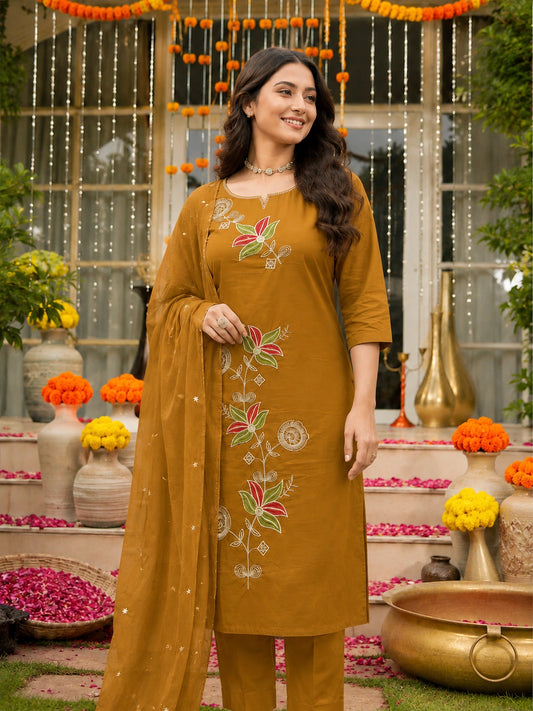 Mustard Floral Embroidered Cotton Suit Set