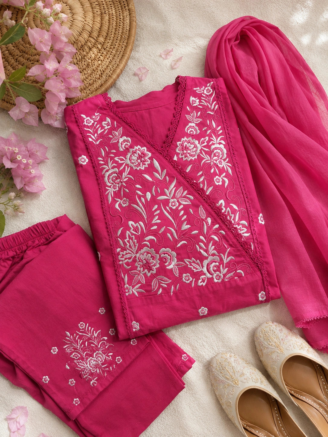 Pink V-neck embroidered kurta with matching pants and dupatta