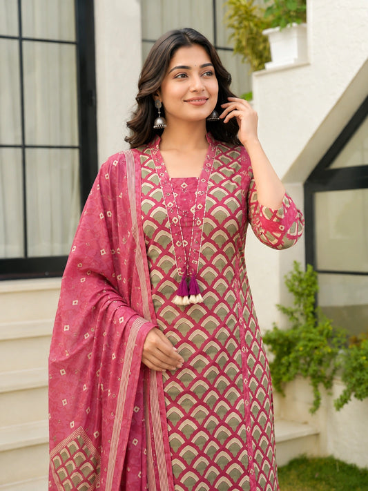 Dusty Pink Cotton Printed Suit Set for Women with Dupatta