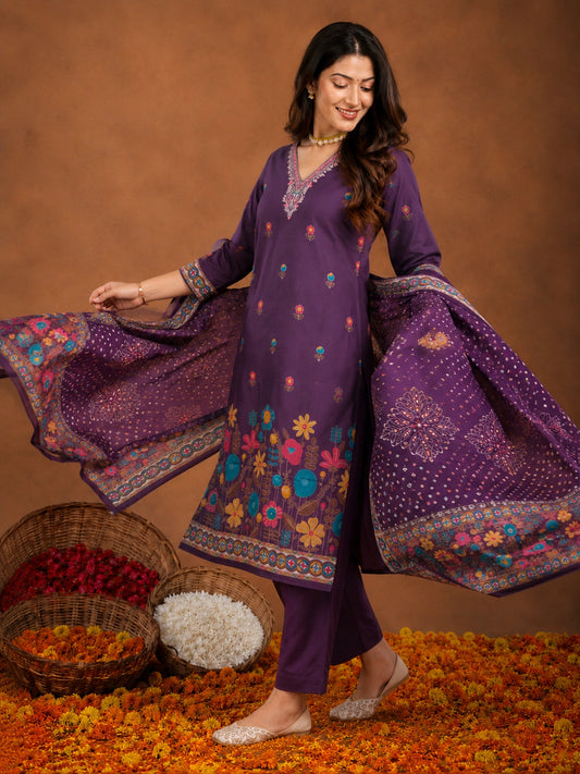 Purple Silk Blend Kurta Set with Dupatta