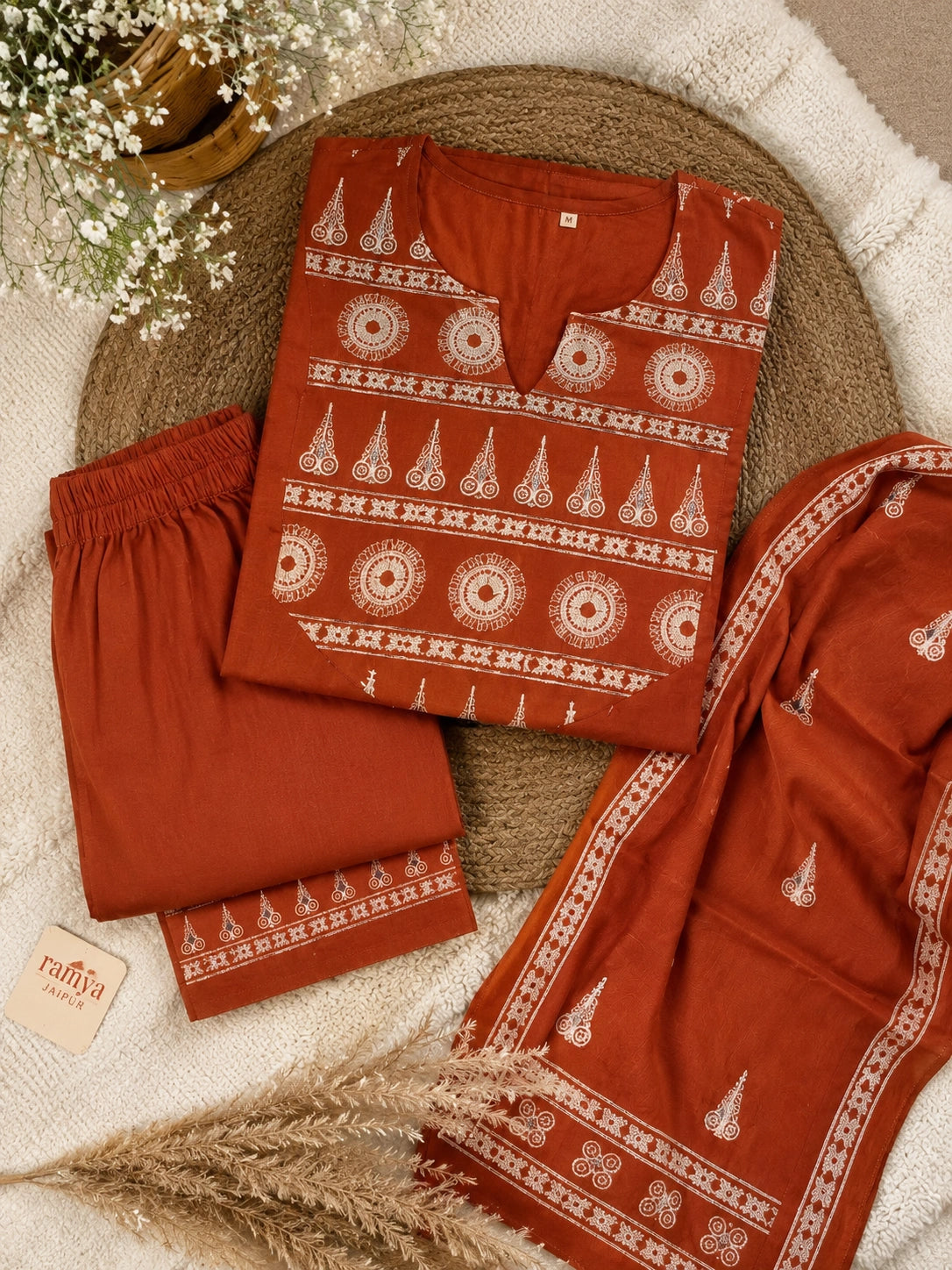 Rust Cotton Kurta Set with Pant and Dupatta for Women