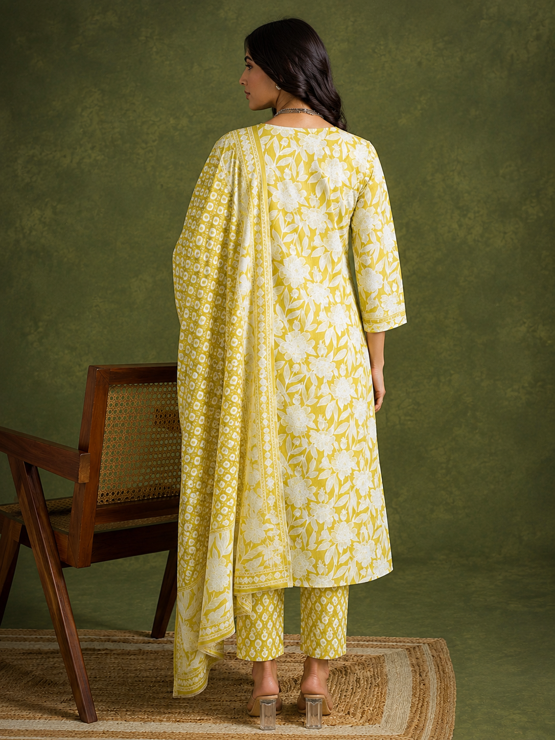 A woman stands with her back to the camera wearing a yellow and white printed kurta set with matching pants and a draped dupatta, posed in front of a textured olive green backdrop next to a wooden chair.