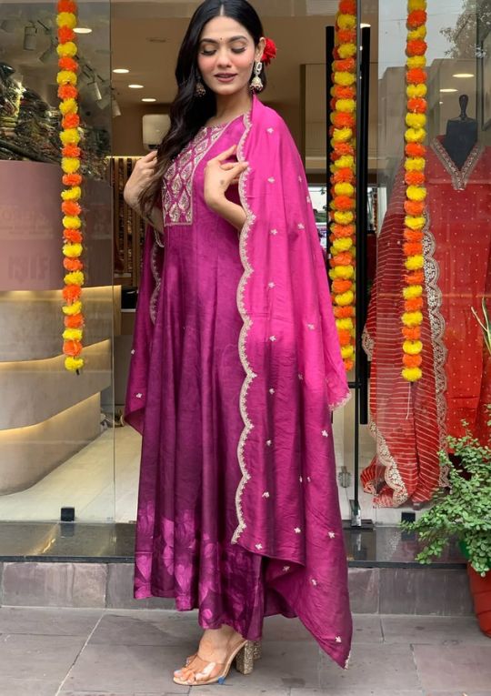 Rani Anarkali Suit with Organza Dupatta