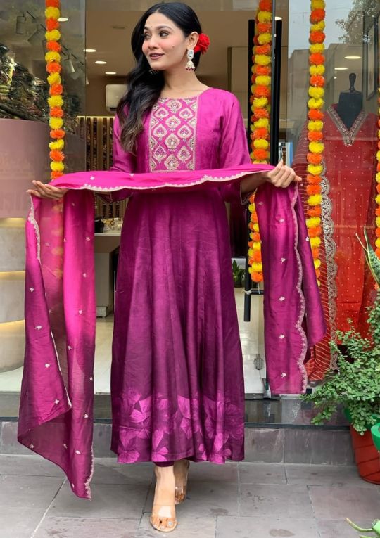 Rani Anarkali Suit with Organza Dupatta