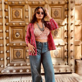 Red Printed Shirt & Bralette Combo