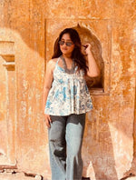 Load image into Gallery viewer, White Blue Jaal Halter Neck Top

