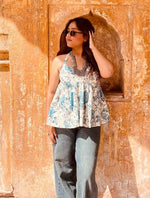 Load image into Gallery viewer, White Blue Jaal Halter Neck Top
