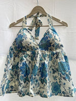 Load image into Gallery viewer, White Blue Jaal Halter Neck Top
