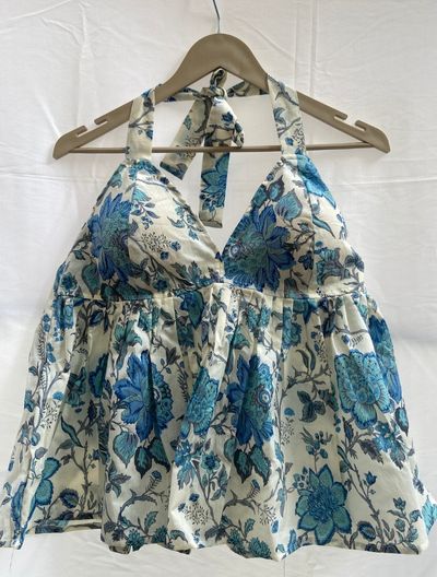 White Blue Jaal Halter Neck Top