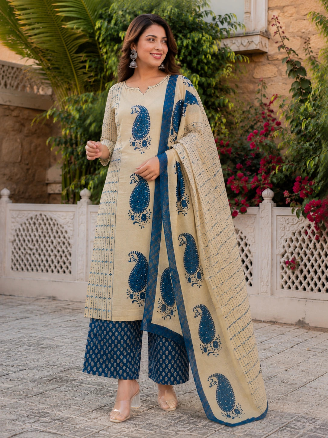 Beige blue cotton kurta palazzo set for women