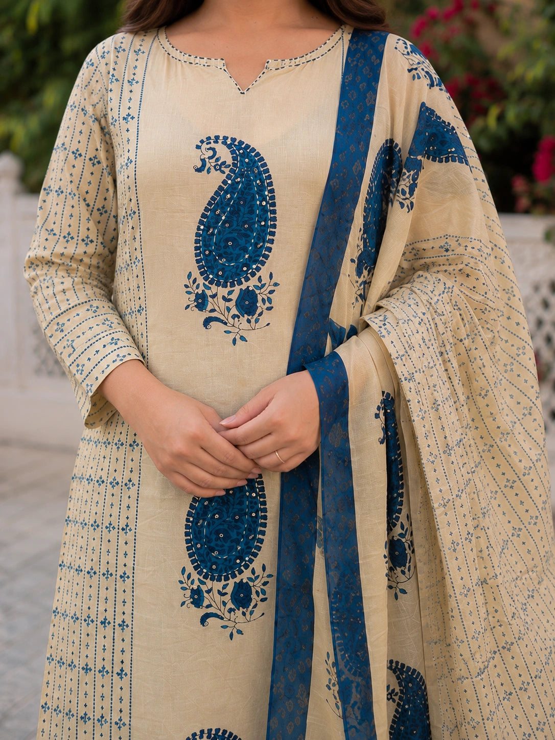 Beige blue cotton kurta palazzo set for women