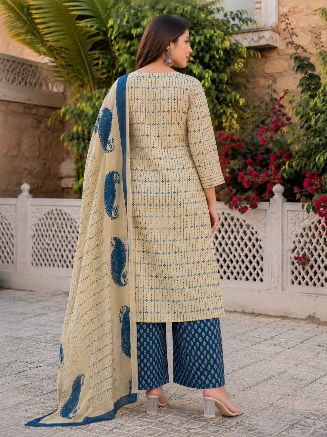 Beige blue cotton kurta palazzo set for women