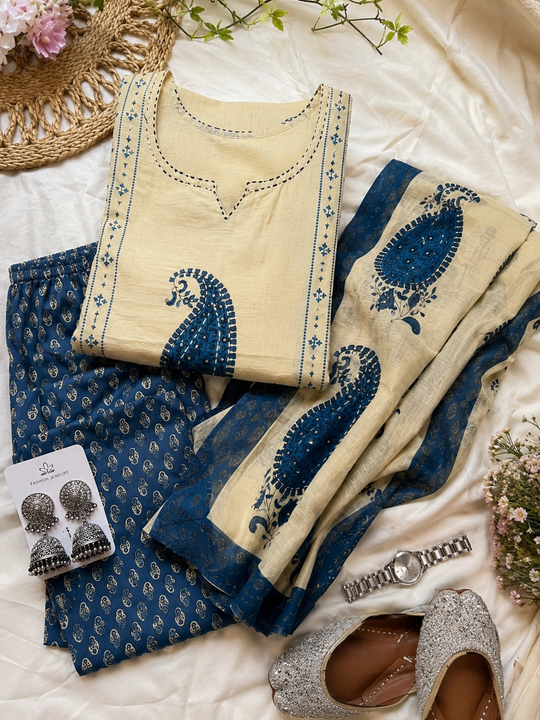 Beige blue cotton kurta palazzo set for women