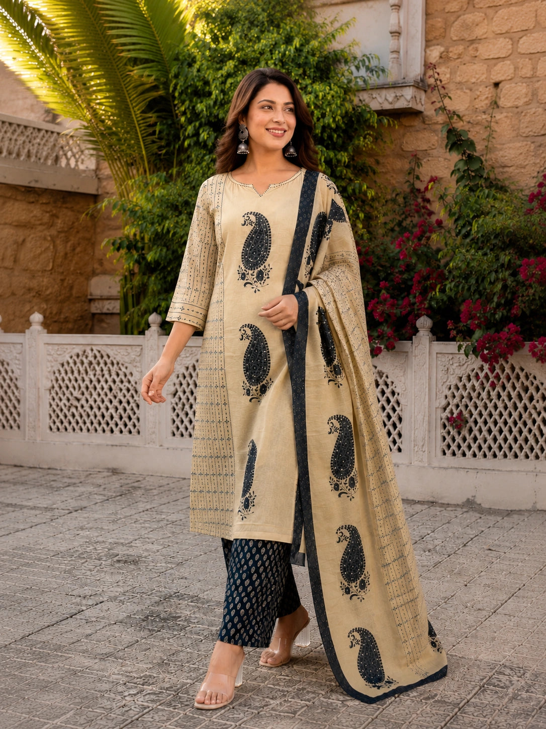 Beige and navy blue cotton kurta palazzo set for women