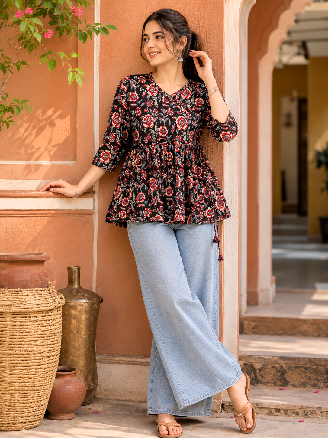 A woman posing in a black floral peplum top with three-quarter sleeves and light-wash wide-leg jeans, standing in front of a warm terracotta-colored archway.