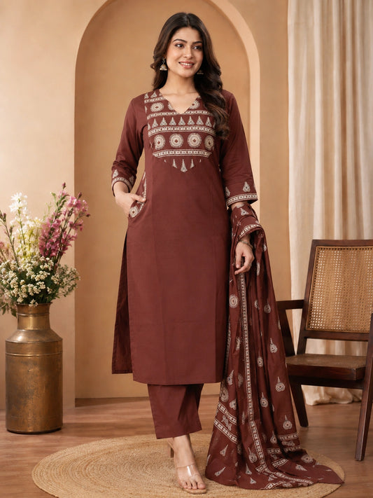 Brown Cotton Kurta Set with Pant and Dupatta for Women
