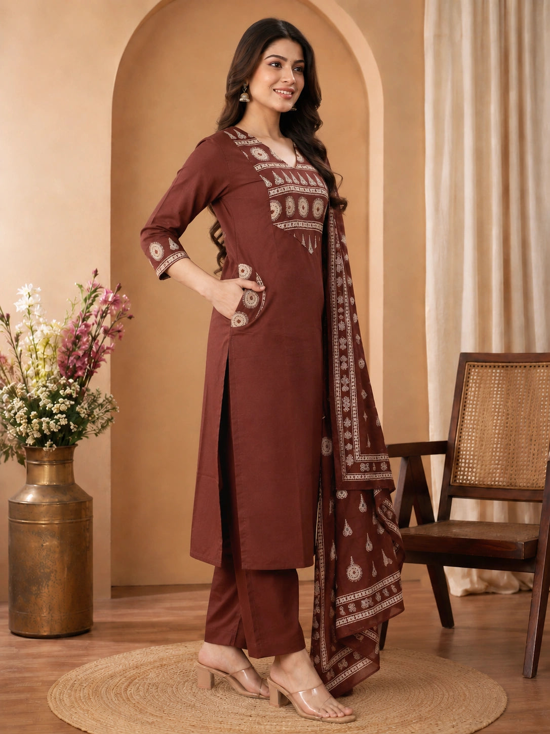 Brown Cotton Kurta Set with Pant and Dupatta for Women