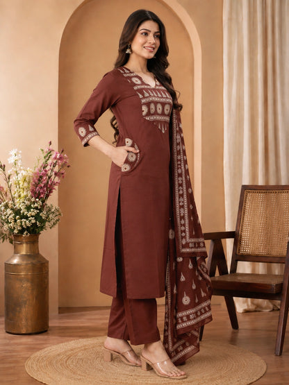 Brown Cotton Kurta Set with Pant and Dupatta for Women
