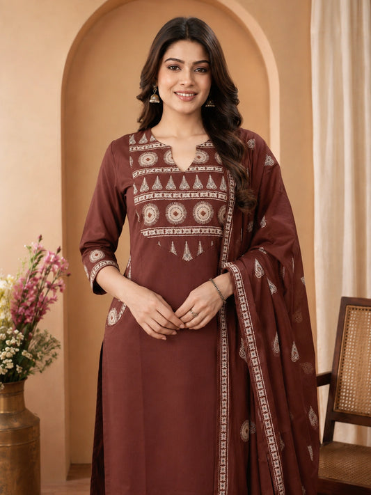 Brown Cotton Kurta Set with Pant and Dupatta for Women