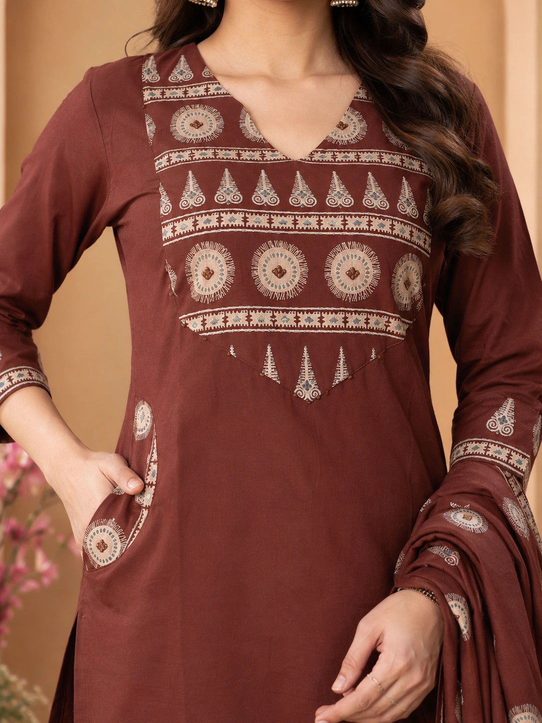 Brown Cotton Kurta Set with Pant and Dupatta for Women