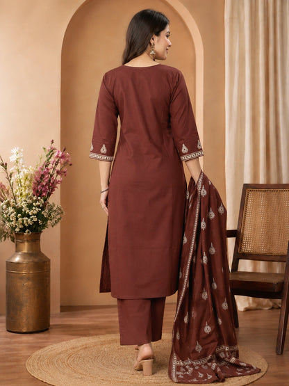 Brown Cotton Kurta Set with Pant and Dupatta for Women