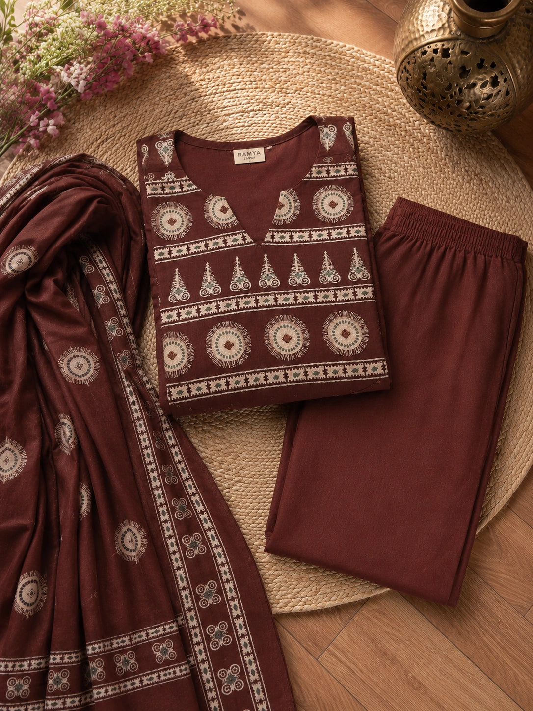 Brown Cotton Kurta Set with Pant and Dupatta for Women