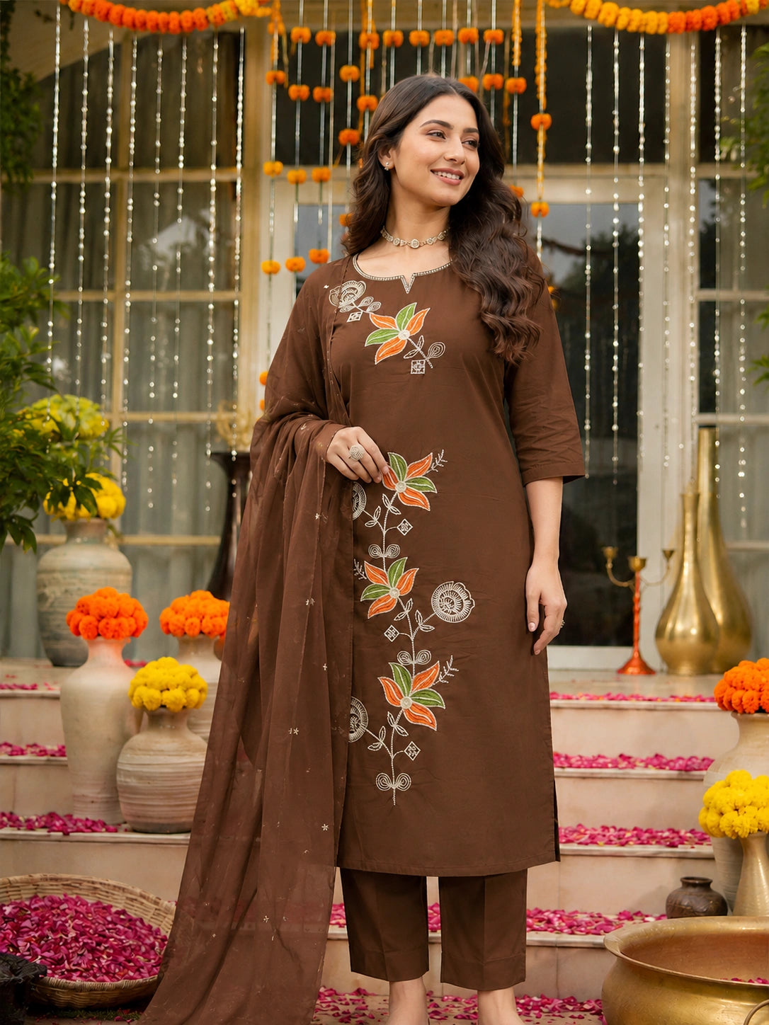 Brown Embroidered Cotton Suit Set