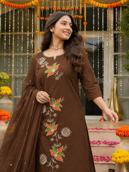 Brown Embroidered Cotton Suit Set