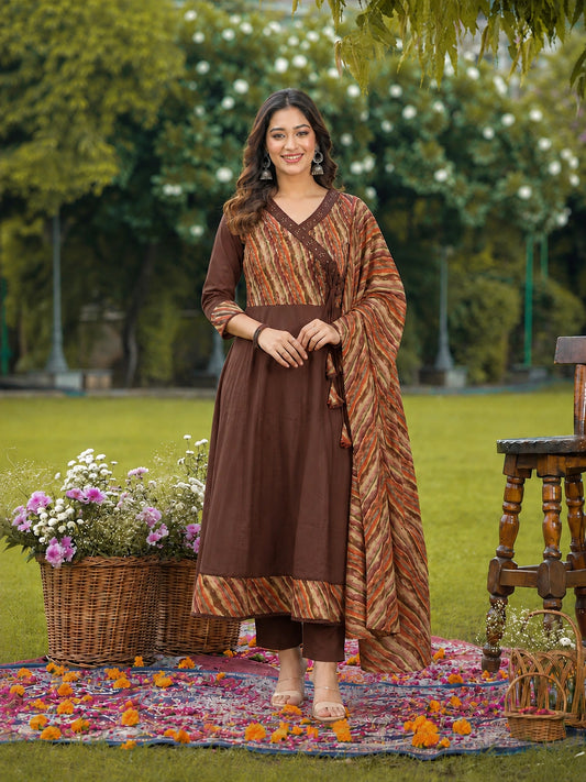 Brown Cotton Anarkali Suit Set with Printed Dupatta for Women