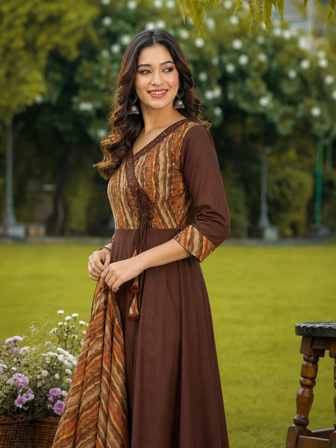 Brown Cotton Anarkali Suit Set with Printed Dupatta for Women