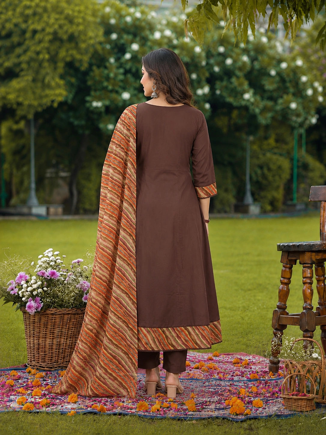 Brown Cotton Anarkali Suit Set with Printed Dupatta for Women