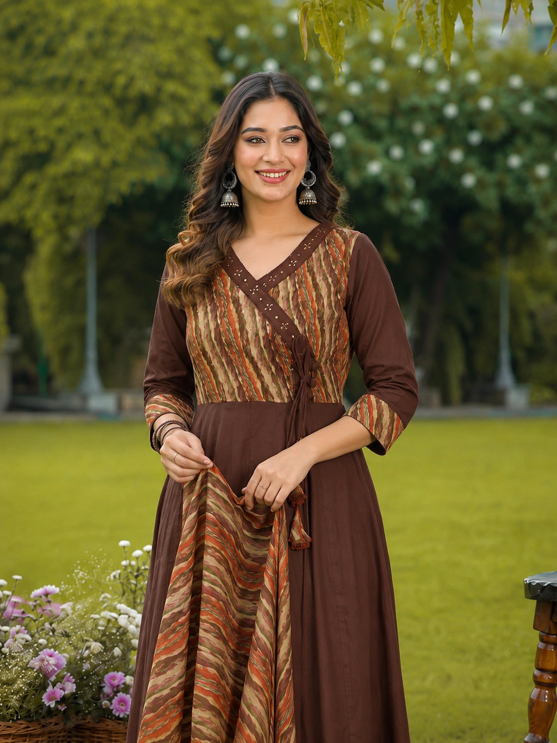 Brown Cotton Anarkali Suit Set with Printed Dupatta for Women