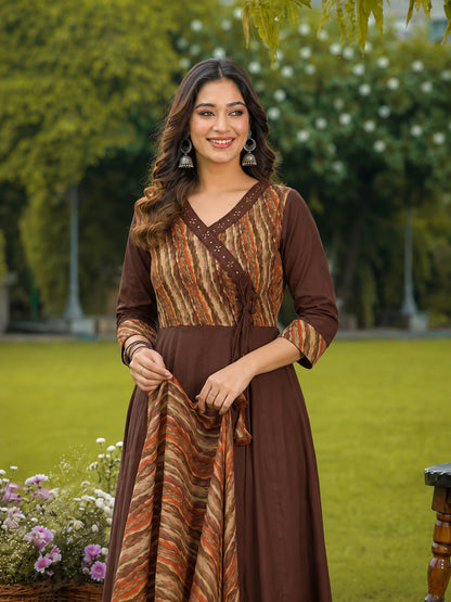 Brown Cotton Anarkali Suit Set with Printed Dupatta for Women