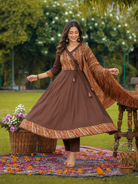 Brown Cotton Anarkali Suit Set with Printed Dupatta for Women
