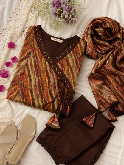 Brown Cotton Anarkali Suit Set with Printed Dupatta for Women