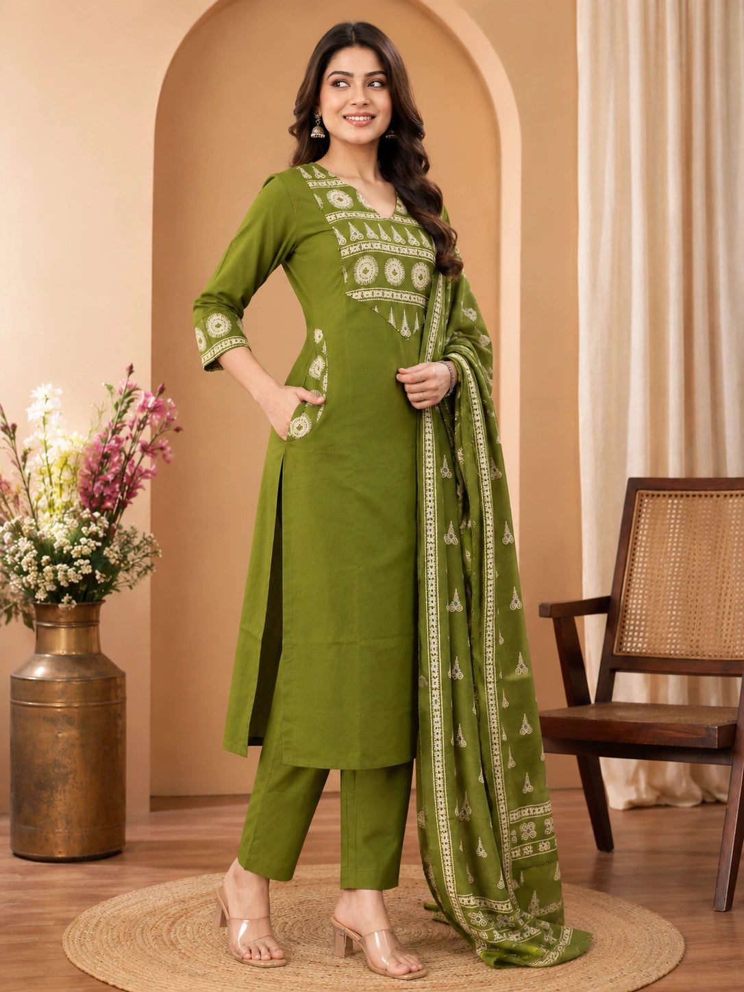 Green Cotton Kurta Set with Pant and Dupatta for Women