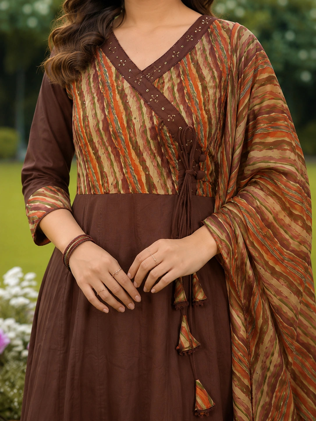 Brown Cotton Anarkali Suit Set with Printed Dupatta for Women