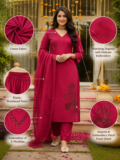 Deep Red Embroidered Cotton Suit Set