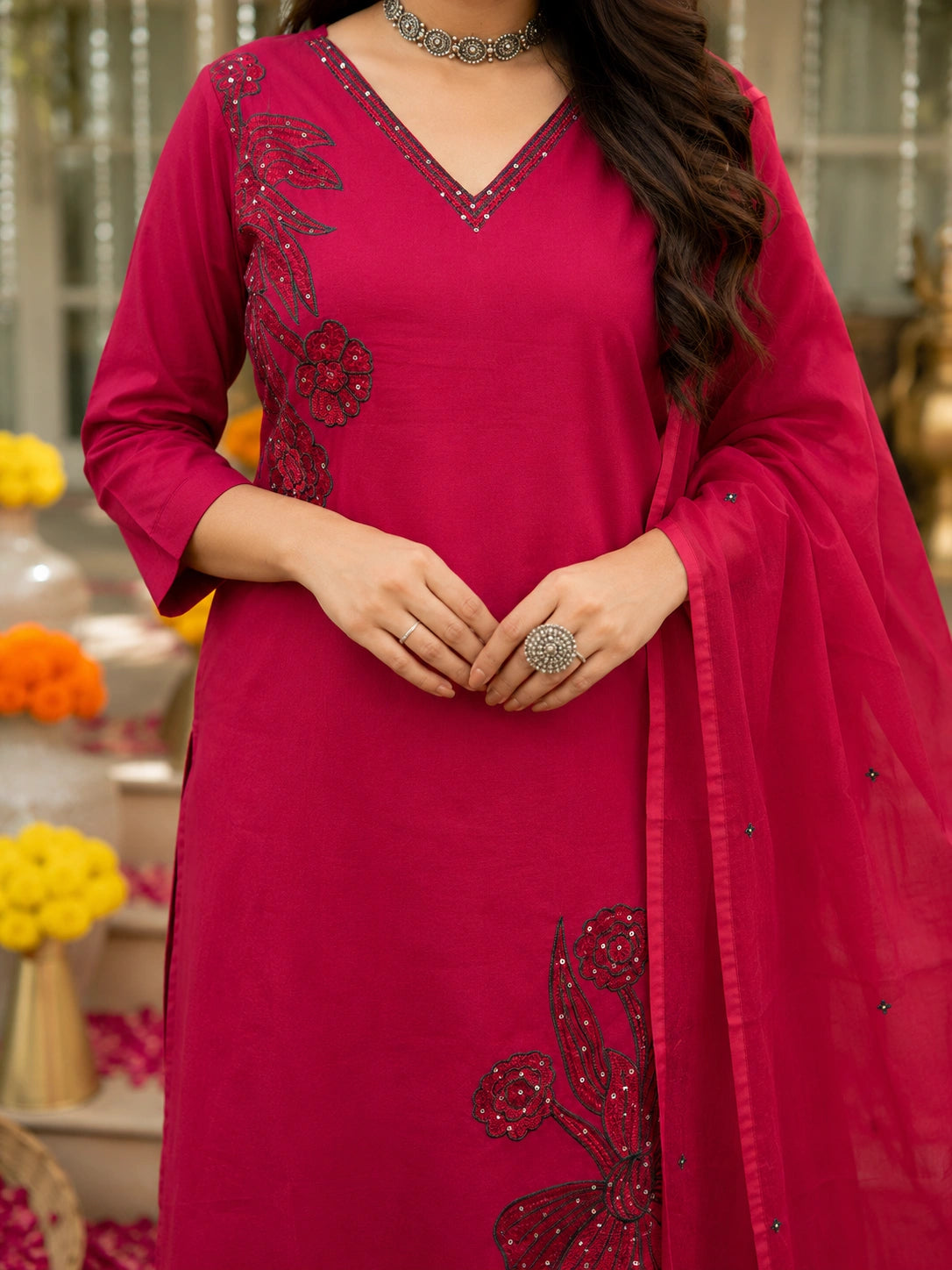 Deep Red Embroidered Cotton Suit Set