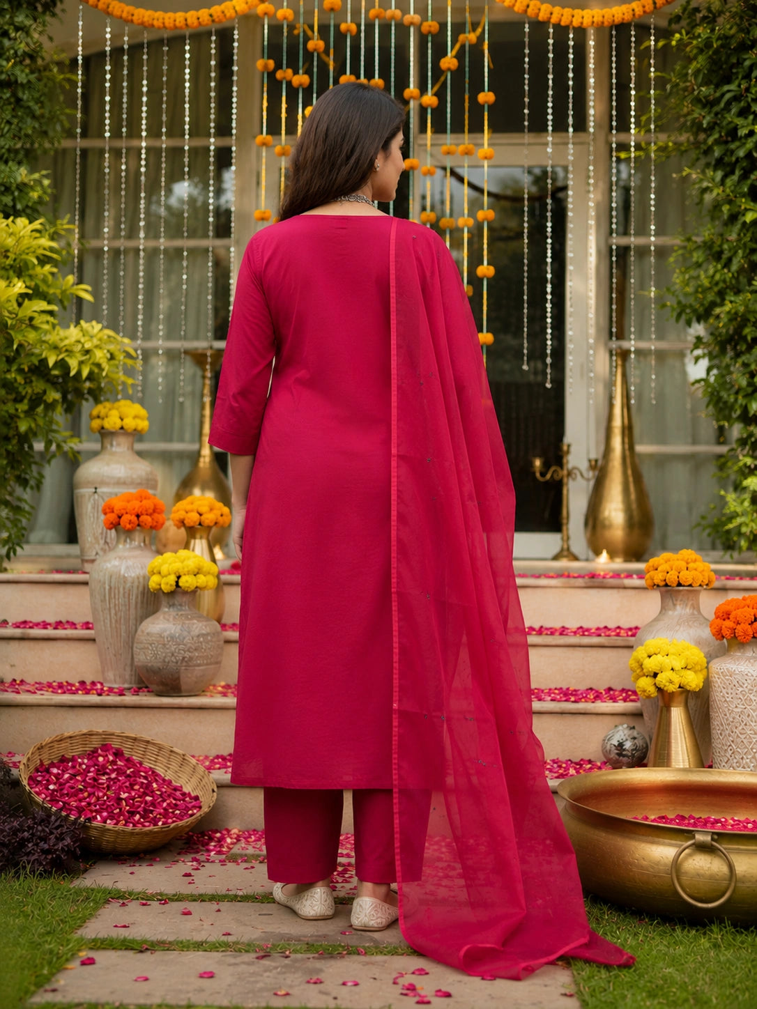 Deep Red Embroidered Cotton Suit Set